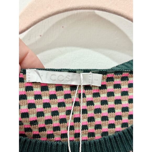 COS Checkered Crew Neck Short Sleeve Knit Sweater Top Pink/Green Women's Large - Picture 4 of 5